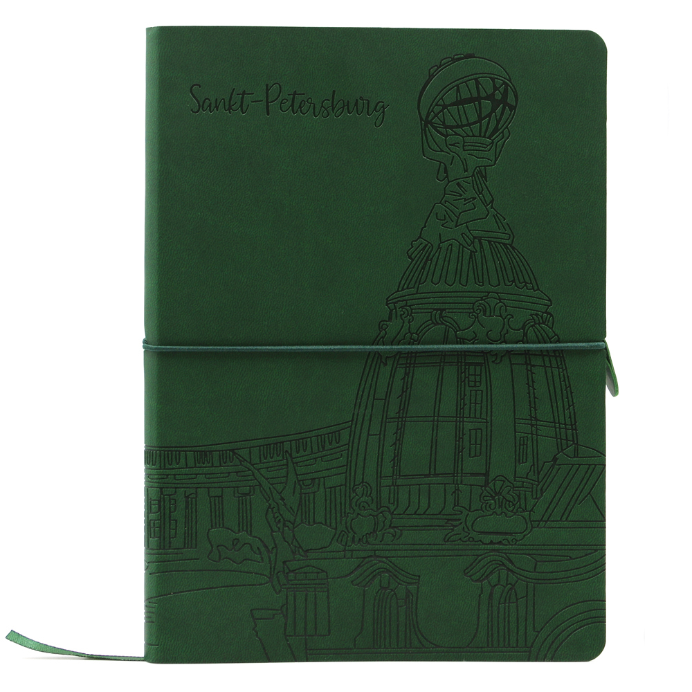 НОВИНКА! Блокнот "Питер. Дом Книги на Невском" в клетку А5 128 листов, гибкая обложка из экокожи (цвет темно-зелёный) с блинтовым тиснением рисунка по полю