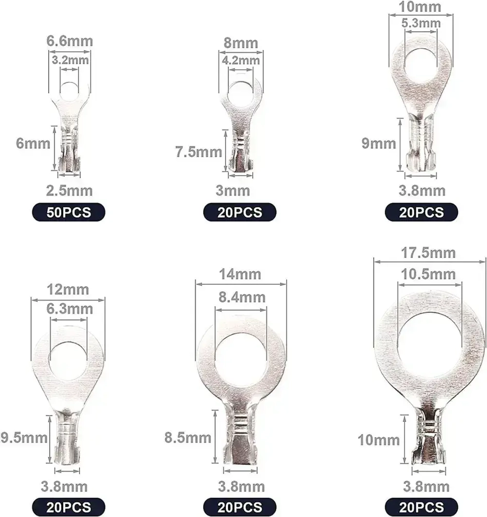 Кольцевые наконечники M3/M4/M5/M6/M8/M10, набор медных клемм для проводов 150шт. Лужёные.