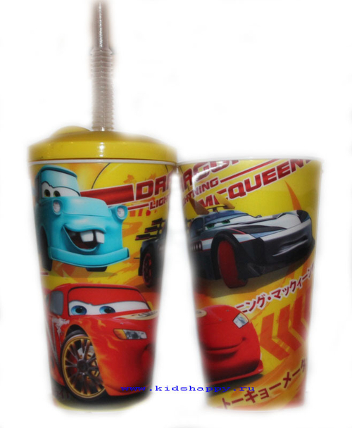 Бокал (600мл, с крышкой и соломинкой, с 3D рисунком, №8). ТАЧКИ