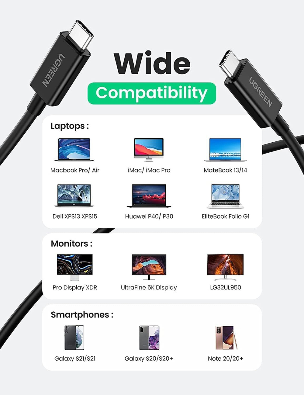 Кабель USB 4.0 C- USB 4.0 C, Thunderbolt 4, 40Gbps, 100W, 0.8m UGREEN 30389