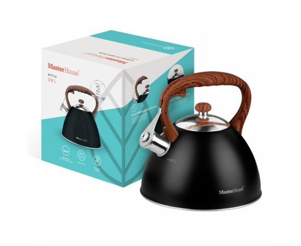 Чайник со свистком 2,6 л Master House Marco черный на газовую и индукционную плиту нержавеющая сталь