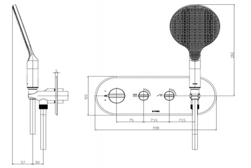 Bossini Apice термостат на 2 выхода, с двумя вентилями и регулировкой пропускной способности, душевая лейка Ø 140 мм с фиксированным держателем и шланг