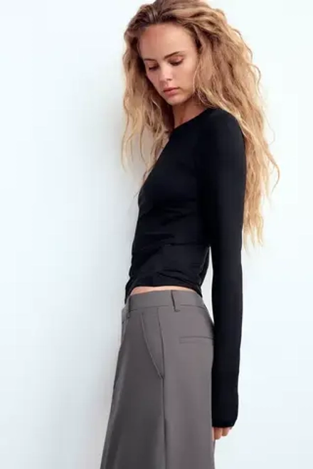 ZARA ТОП ИЗ ПОЛИАМИДА С ДЛИННЫМИ РУКАВАМИ, ЧЕРНЫЙ