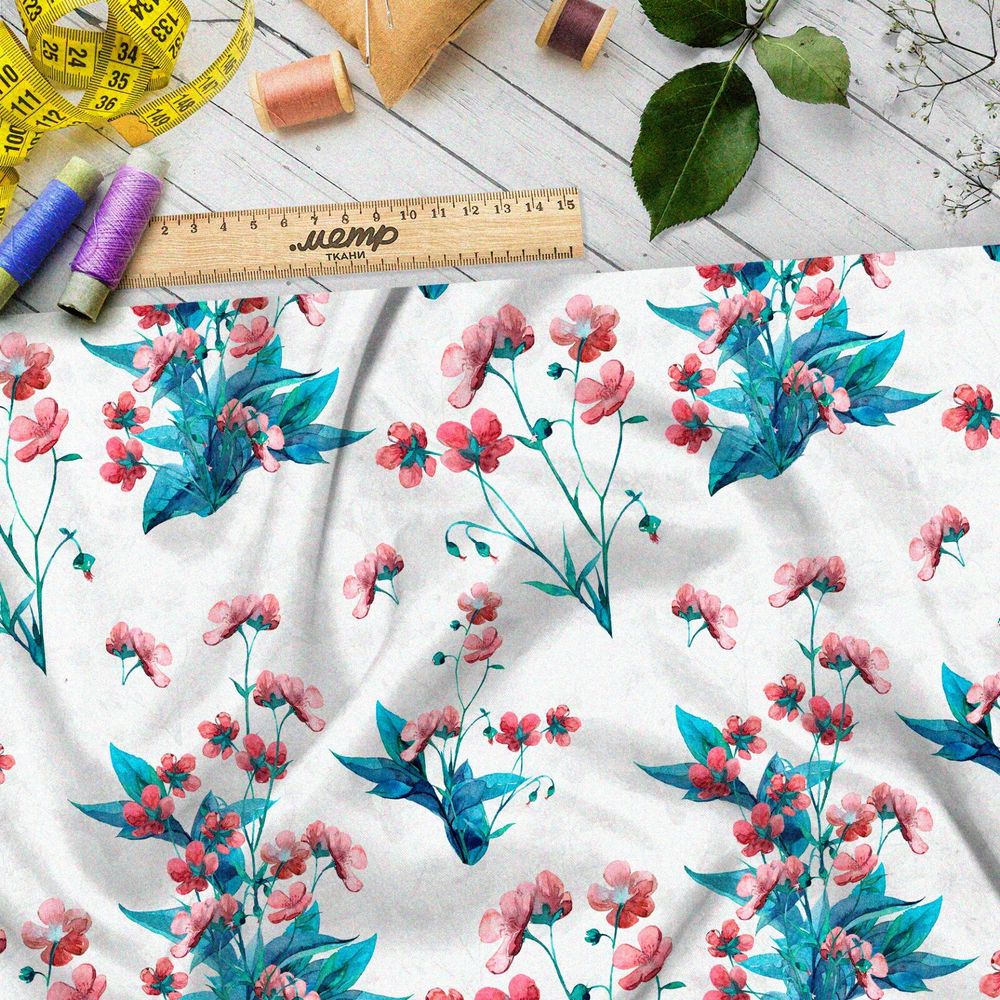 Ткань оксфорд 600 мелкие красные цветы на белом фоне