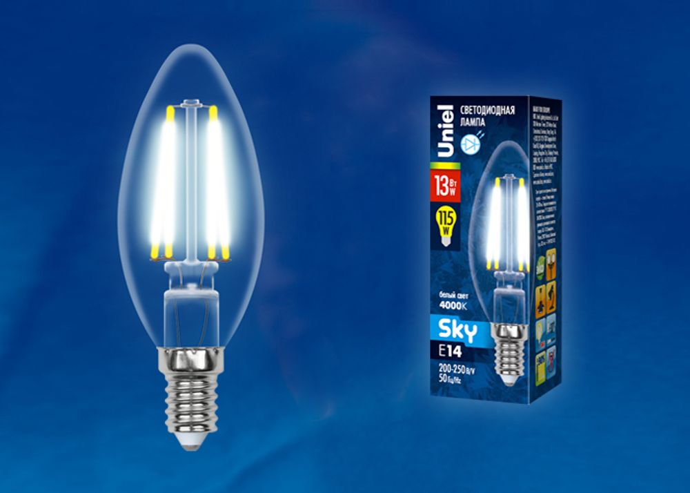 LED-C35-13W/4000K/E14/CL PLS02WH Лампа светодиодная. Форма свеча, прозрачная. Серия Sky. Белый свет (4000К). Картон. ТМ Uniel.
