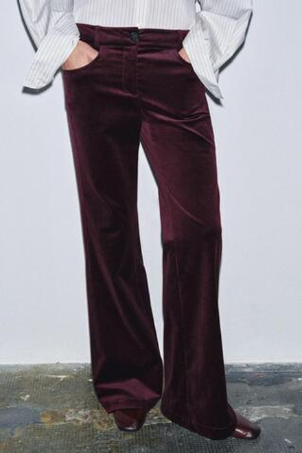 ZARA БАРХАТНЫЕ РАСКЛЕШЕННЫЕ БРЮКИ ZW COLLECTION, БУРГУНДИ