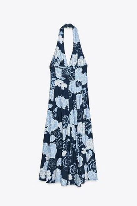 ZARA ПЛАТЬЕ МИДИ С ЦВЕТОЧНЫМ ПРИНТОМ, ТЕМНО-СИНИЙ/БЕЛЫЙ