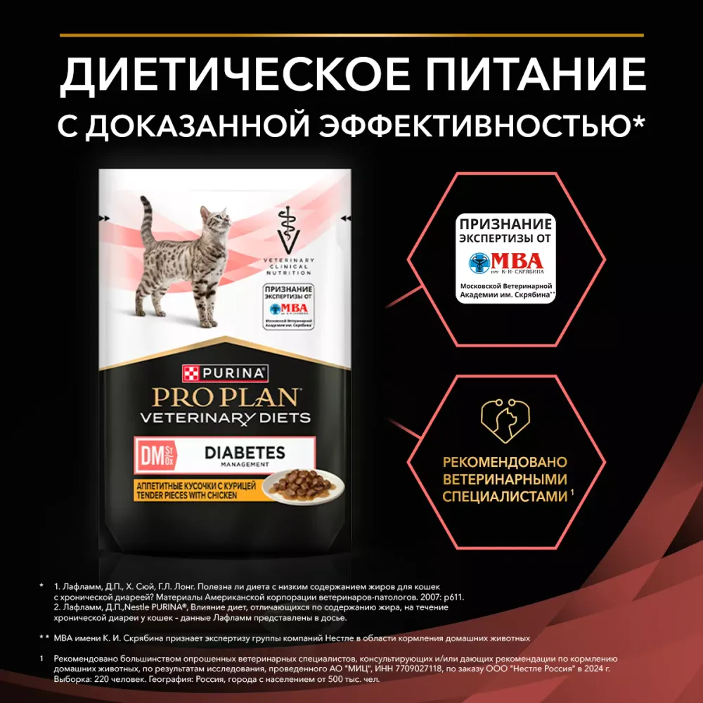 Пауч диетический Pro Plan Veterinary Diets Dm St/Ox Diabetes при диабете для котят и взрослых кошек с курицей