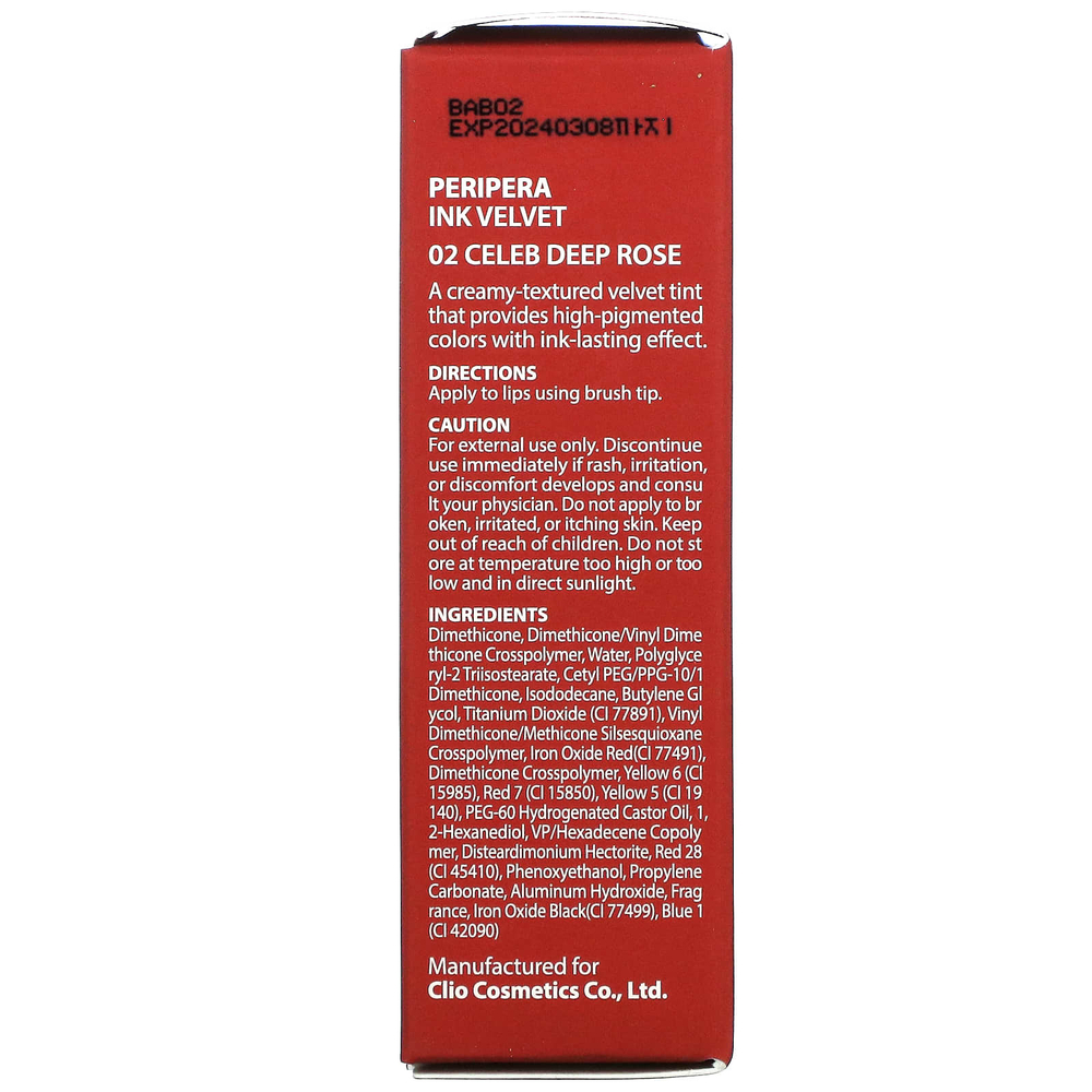 Peripera, Тинт для губ Ink Velvet, 02 Celeb Deep Rose, 4 г (0,14 унции)