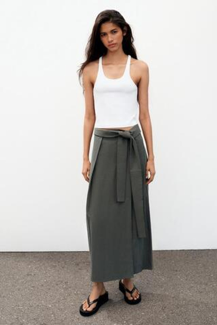 ZARA ЮБКА МИДИ НА ЗАПÁХЕ, ЛИНЯЛЫЙ НЕФТЯНОЙ