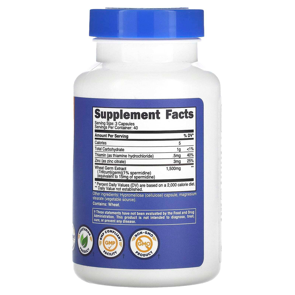 Nutricost, спермидин из зародышей пшеницы, 120 капсул (500 мг в 1 капсуле)