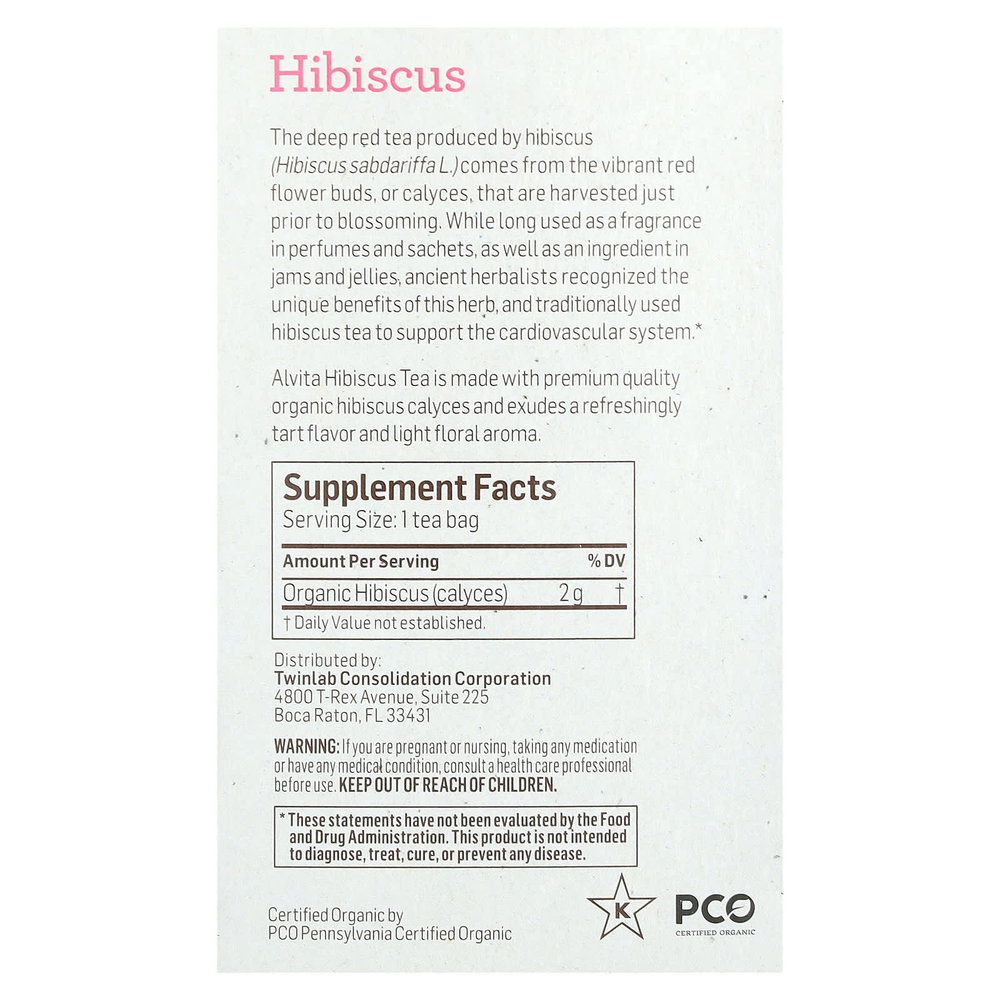 Alvita Teas, органический растительный чай, гибискус, без кофеина, 16 индивидуально упакованных чайных пакетиков, 32 г (1,13 унции)