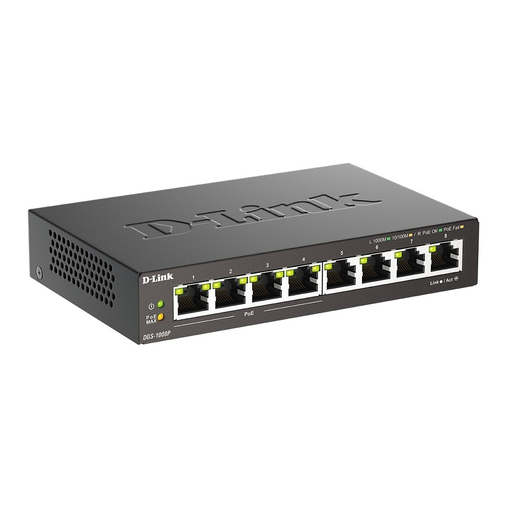 Коммутатор D-Link DGS-1008P / F3A Неуправляемый коммутатор с 8 портами 10 / 100 / 1000Base-T (4 порта PoE 802.3af / at, PoE-бюджет 60 Вт)