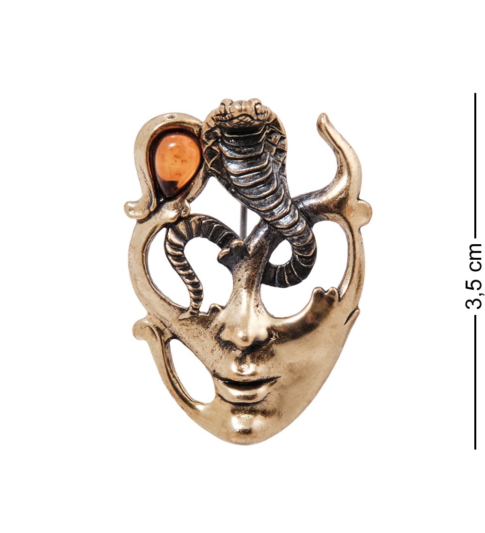AM-4006 Брошь «Маска Змея» (латунь, янтарь)
