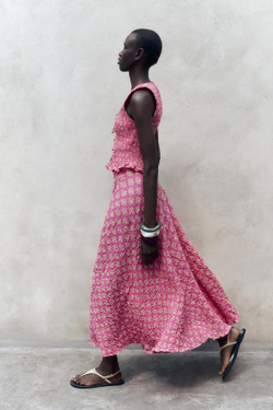 ZARA ЮБКА МИДИ С ПРИНТОМ, ФУКСИЯ