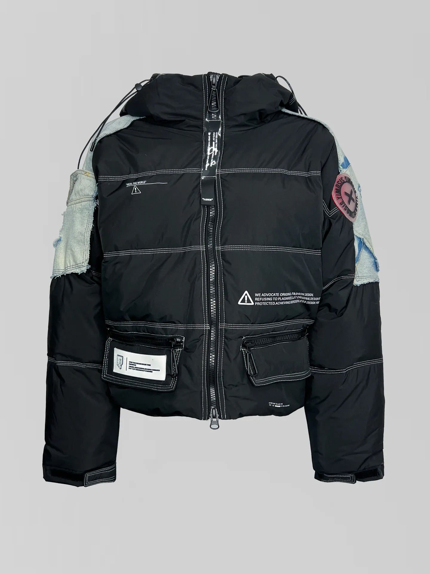 Куртка 18093 укороченная с нашивками и джинсовыми вставками