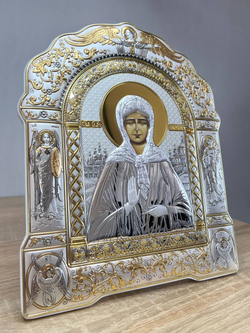Матрона, икона арочная с рамкой, белое дерево 206х270