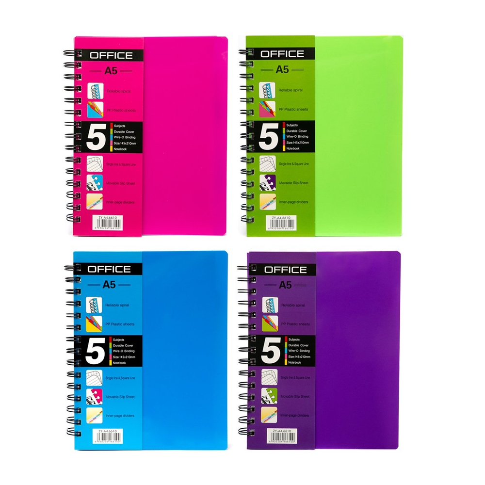 Тетрадь 120л., А5, клетка, Alingar, гребень, пластиковая обложка, цветные пластиковые разделители, ассорти 4 цвета