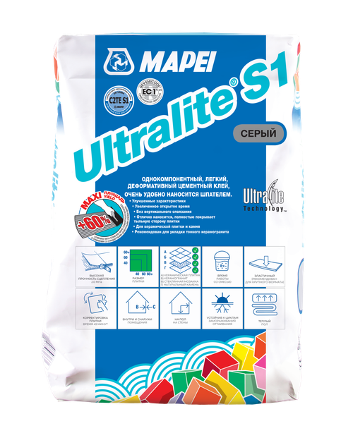 MAPEI Клей для плитки (керамогранита) ULTRALITE S2 / УЛЬТРАЛАЙТ (белый), мешок 15 кг