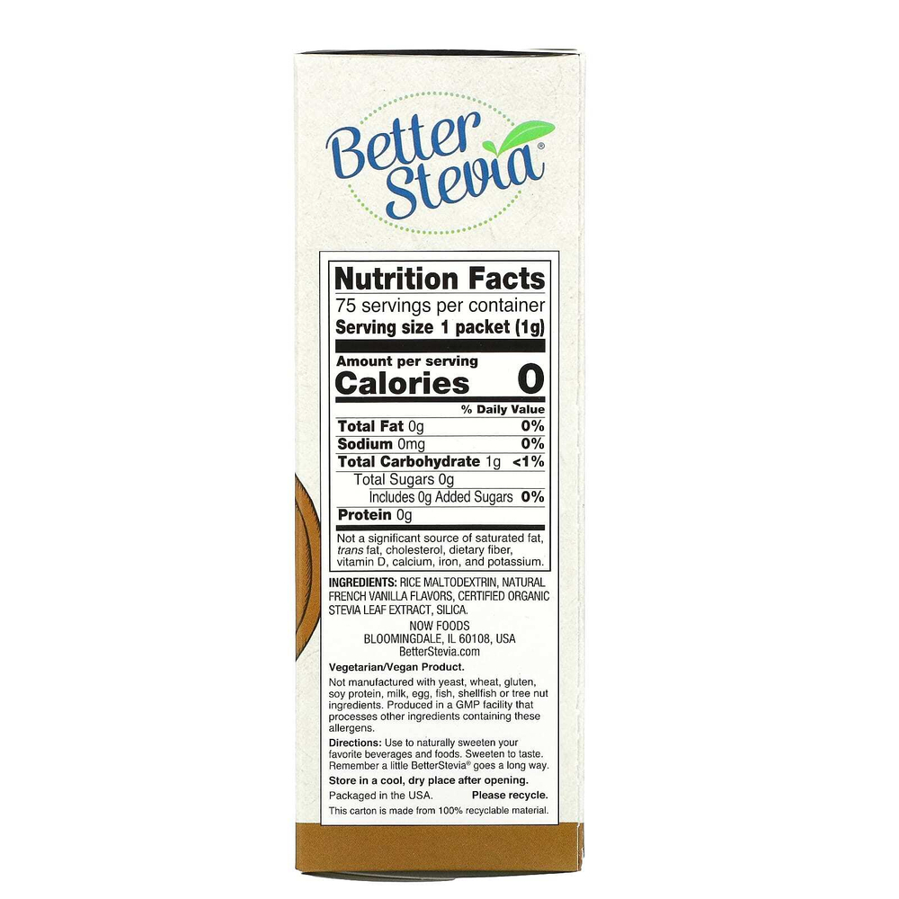 NOW Foods, стевия BetterStevia, сахарозаменитель с нулевой калорийностью, французская ваниль, 75 пакетиков по 1 г в каждом