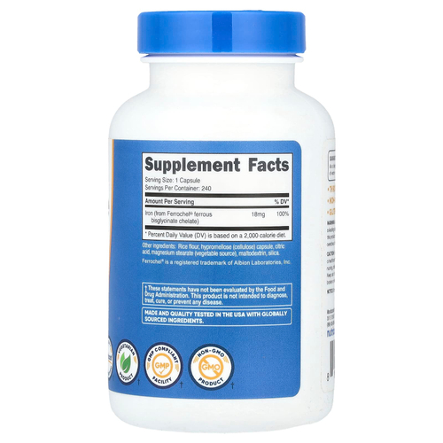 Nutricost, Хелат железа от Ferrochel®, 18 мг, 240 капсул