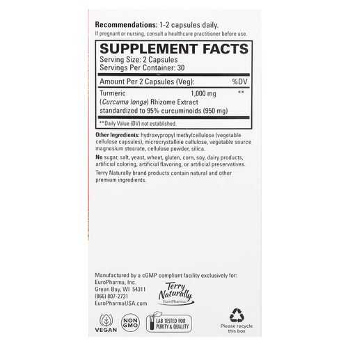 Terry Naturally, Куркума 50X, высокая эффективность, 60 капсул (500 мг на капсулу)