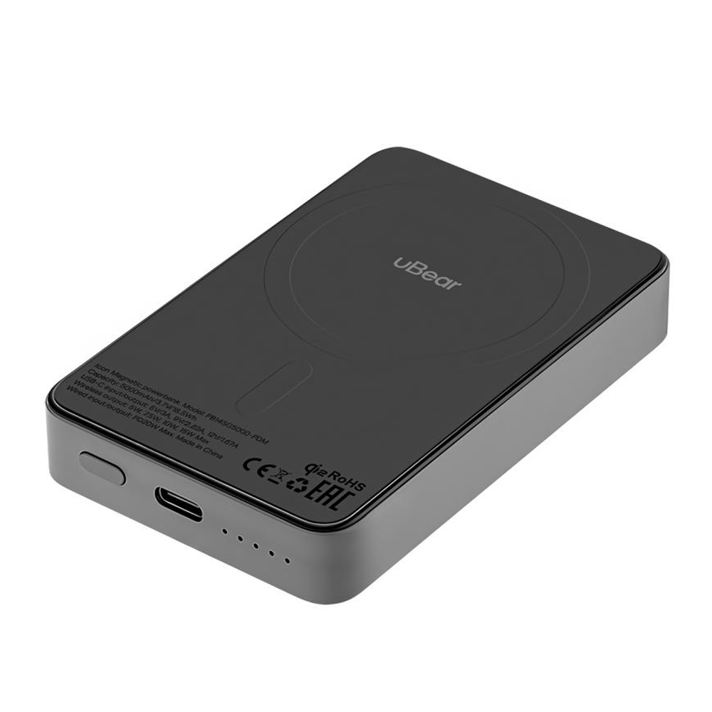 Внешний аккумулятор MagSafe uBear Icon (Qi2) (5000 мА·ч) Беспроводная зарядка: Qi 15 Вт. Проводная зарядка: USB-C. Сертификация Qi2. Есть LED-индикация и поддержка PD. Энергоёмкость — 18,5 Вт·ч. Максимальная выходная мощность — 20 Вт