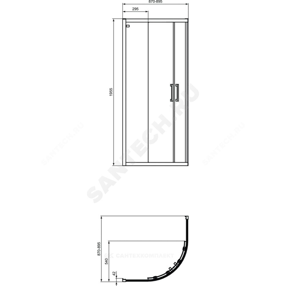 Ограждение душевое CONNECT 2 Corner Quadrant 900х900х1950 мм без поддона угловая-асимметричная прозрачное стекло Ideal Standard K966101