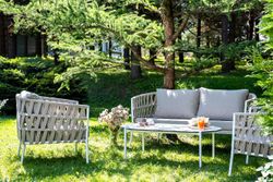 "Диего" лаунж-зона 4-местная плетеная из роупа (веревки), каркас алюминиевый белый, роуп бежевый