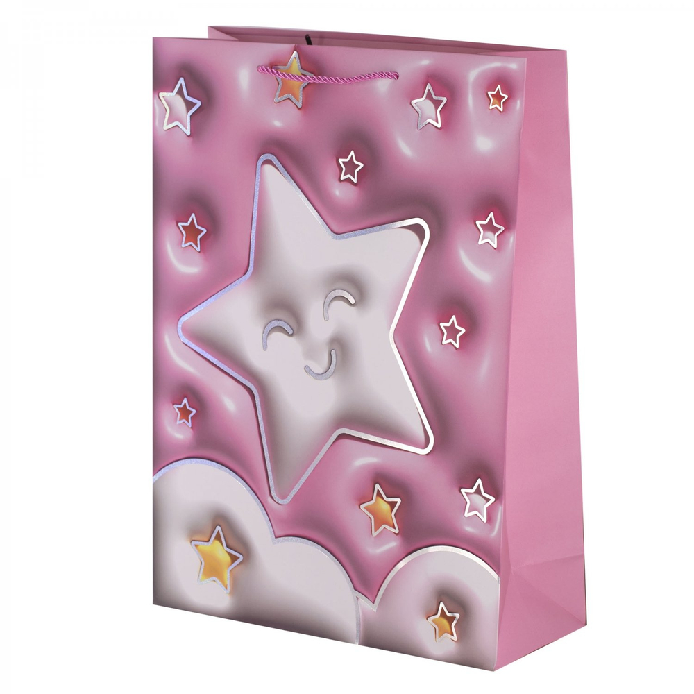 Пакет подарочный бумажный Alingar, (XL) 31х40х12 см, вертикальный, "Облачка и радуга", матов. ламинация, тиснение голография, эффект 3D, ассорти