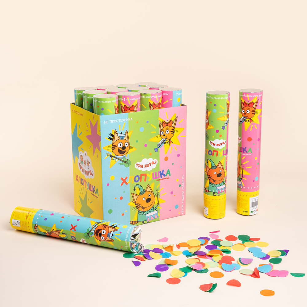 Пневмохлопушка «Три кота. Круги» разноцветные металлик, 30 см, 1 шт.