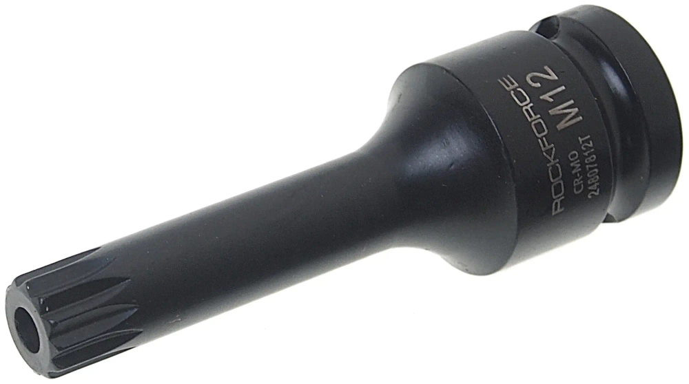Головка-бита SPLINE глубокая ударная 1/2", M12 с отверстием ROCKFORCE RF-24807812T