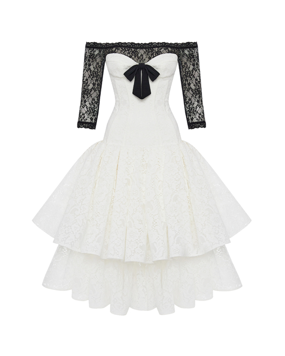 Платье корсетное миди из кружева с бантом