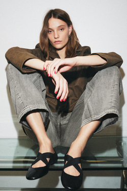 ZARA КОЖАНЫЕ БАЛЕТКИ С ПЕРЕКРЕСТНЫМИ РЕМЕШКАМИ, ЧЕРНЫЙ