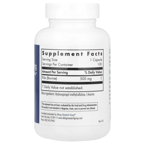 Allergy Research Group, Бычья желчь, 500 мг, 100 растительных капсул