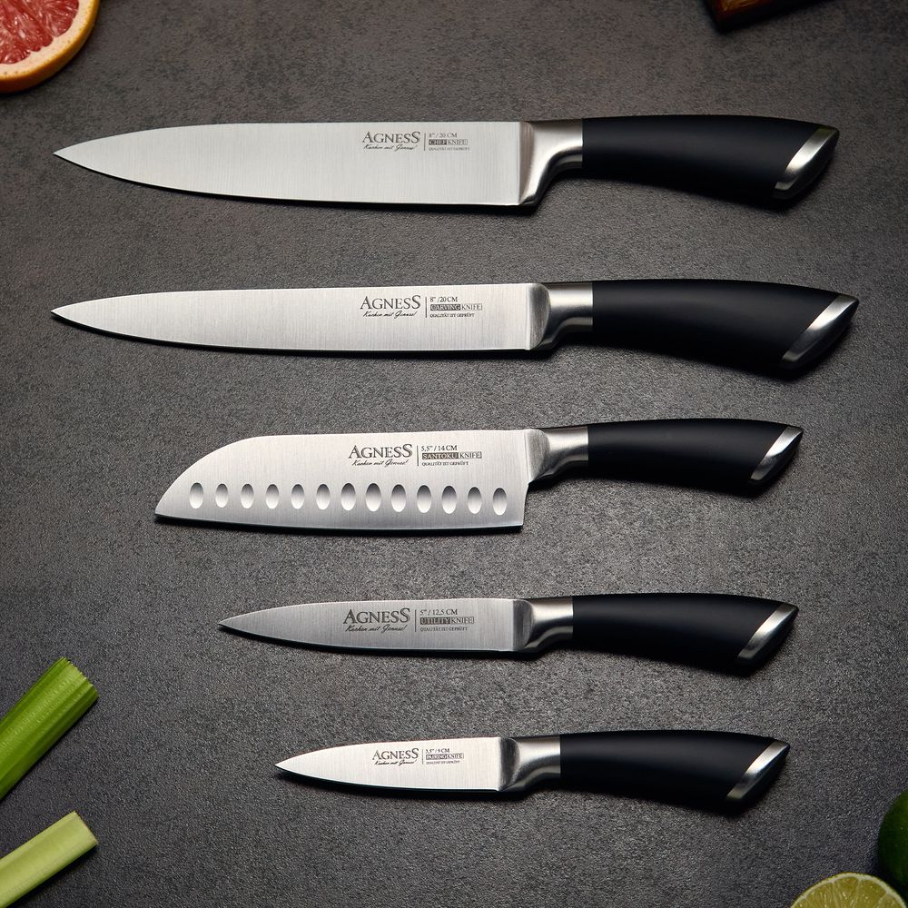 НАБОР НОЖЕЙ AGNESS 6 ПР.С МАГНИТНЫМ ДЕРЖАТЕЛЕМ И РУЧКОЙ ИЗ НЕРЖ.СТАЛИ (КОР=6НАБОР.)