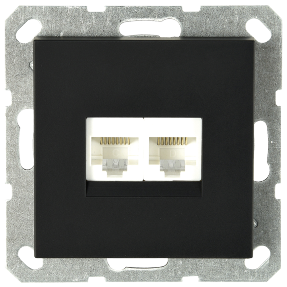 Интернет-розетка RJ45 двойная с накладкой, цвет черный матовый (soft touch)