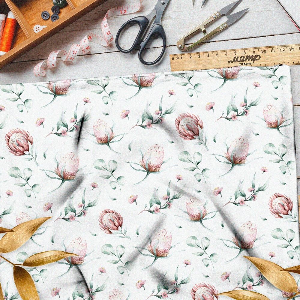 Ткань саржа клевер с листьями акварельный