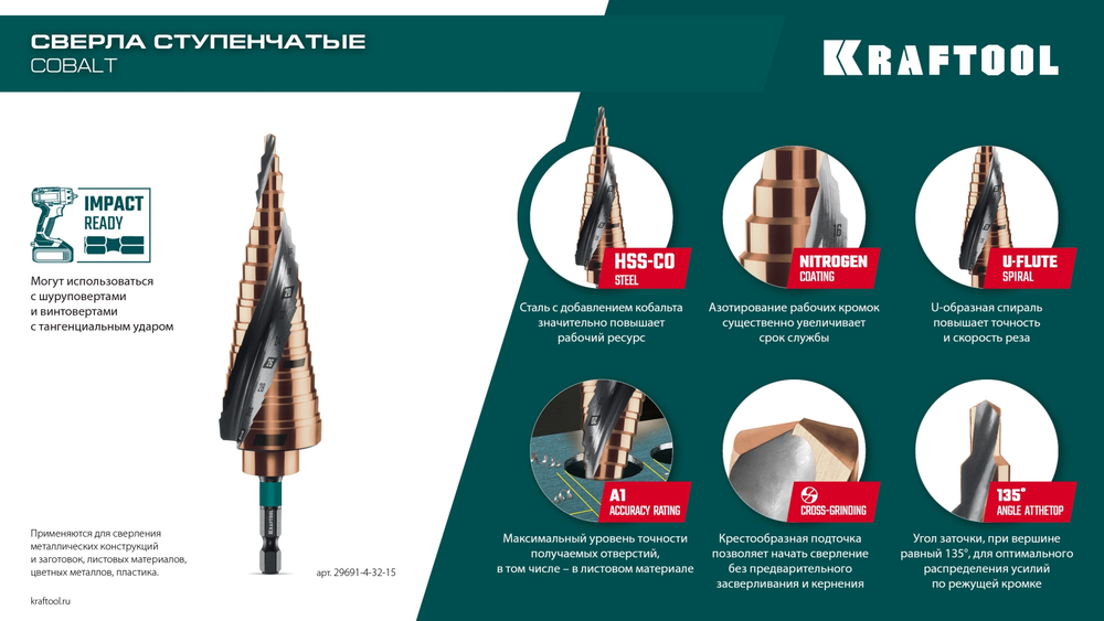KRAFTOOL COBALT 3 шт., 4-32мм, азотирование, винтовая спираль, набор сверл ступенчатых(29691-4-32-H3)