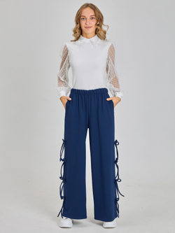 Брюки утепленные для девочки палаццо с бантиками тёмно-синие