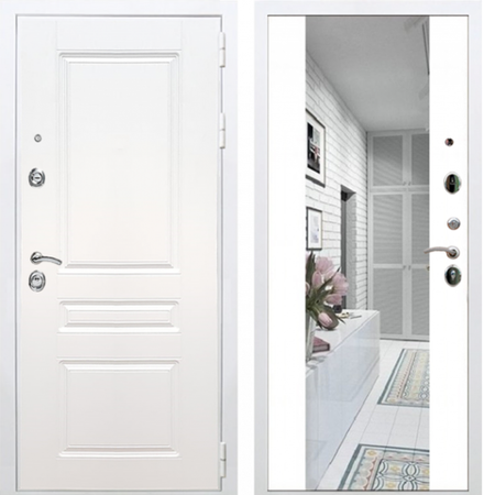 Входная металлическая белая дверь с зеркалом RеX (РЕКС) Премиум H белая ФЛ-243 силк сноу /  СБ-16 Силк сноу