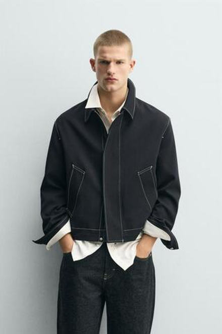 ZARA КУРТКА-РУБАШКА С КОНТРАСТНОЙ ОТСТРОЧКОЙ, МОРСКОЙ ТЕМНО-СИНИЙ