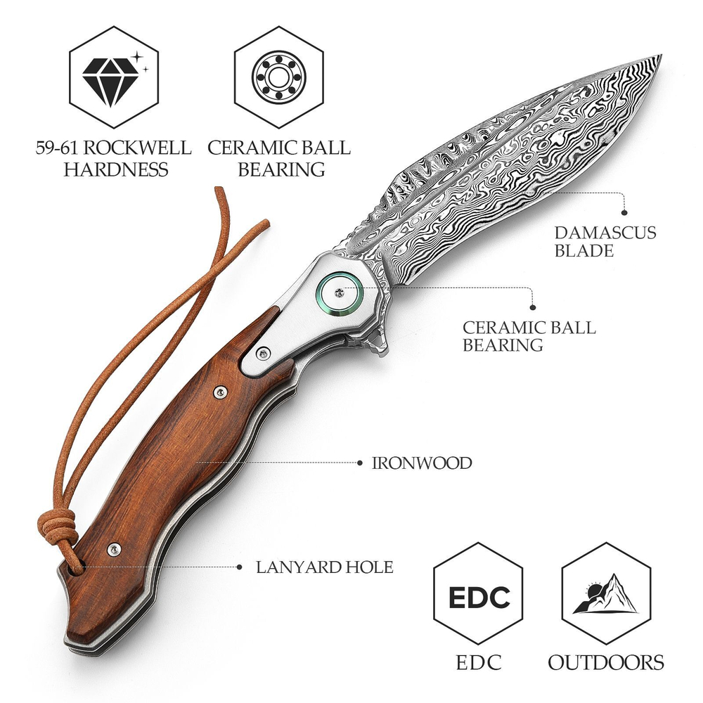 Складной туристический нож TRIVISA Lepus-01/P клинок 110 Layers Damascus рукоять титан и железное дерево (коричневый)