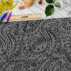 Ткань дюспо чёрные цветы и листья на коричневом фоне