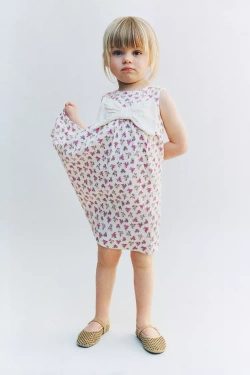 ZARA ПЛАТЬЕ С ПРИНТОМ И БАНТОМ, ЭКРЮ