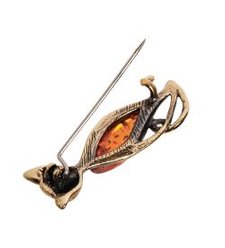 AM-2611 Брошь «Кошка Лилу» (латунь, янтарь)