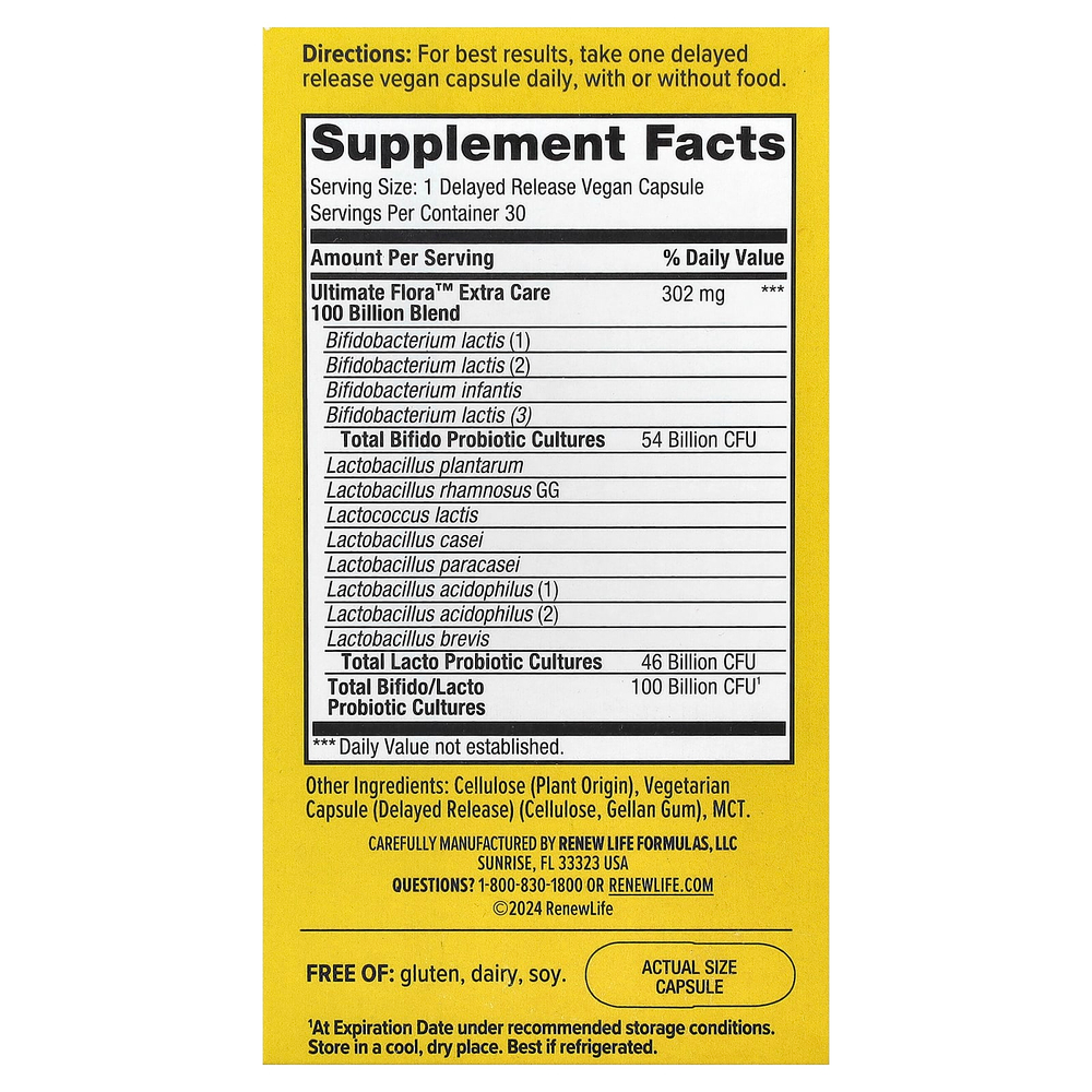 Renew Life, Ultimate Flora, пробиотик для пищеварения, 100 млрд КОЕ, 30 вегетарианских капсул