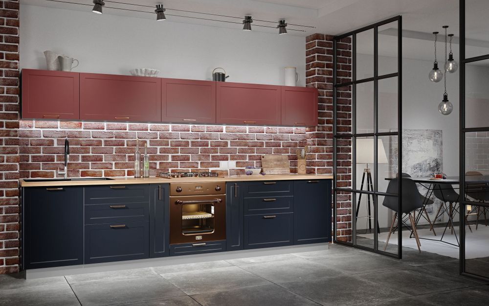 Модульный кухонный гарнитур «Квадро» 3200 (Красная кожа/Черника)