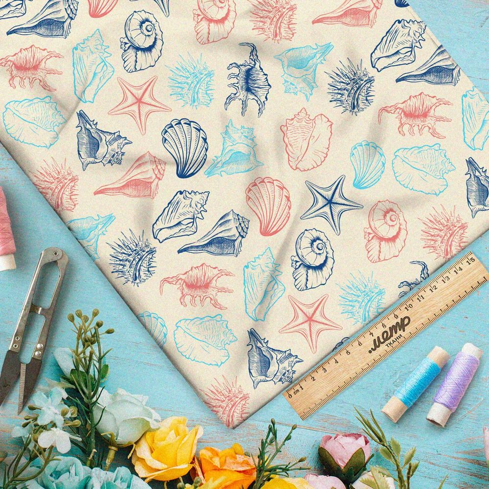 Ткань шелк Армани разноцветные ракушки