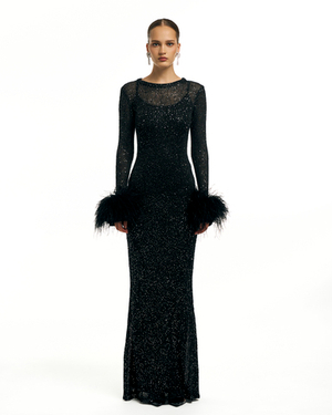 Платье PERSIMMON (Персимон) с перьями на рук., черное